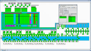 Visualisierung einer Fördertechnik. Neben der Visualisierung der Fördertechnik, kann der Anwender jede Bewegung, jede Bestandseinheit im Detail betrachten.