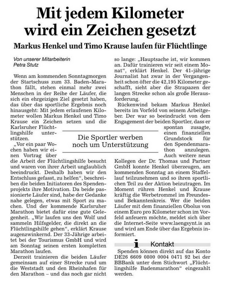 Die Badischen Neusten Nachrichten über den Spendenmarathon in Karlsruhe.