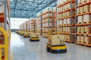 AGV (Automated guided vehicle) in warehouse logistic and transport.3d rendering