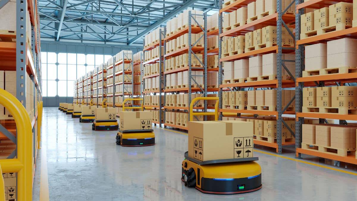 AGV (Automated guided vehicle) in warehouse logistic and transport.3d rendering