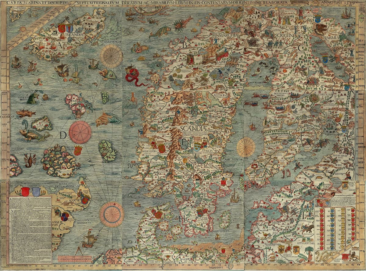 An old sea map showing sweden
