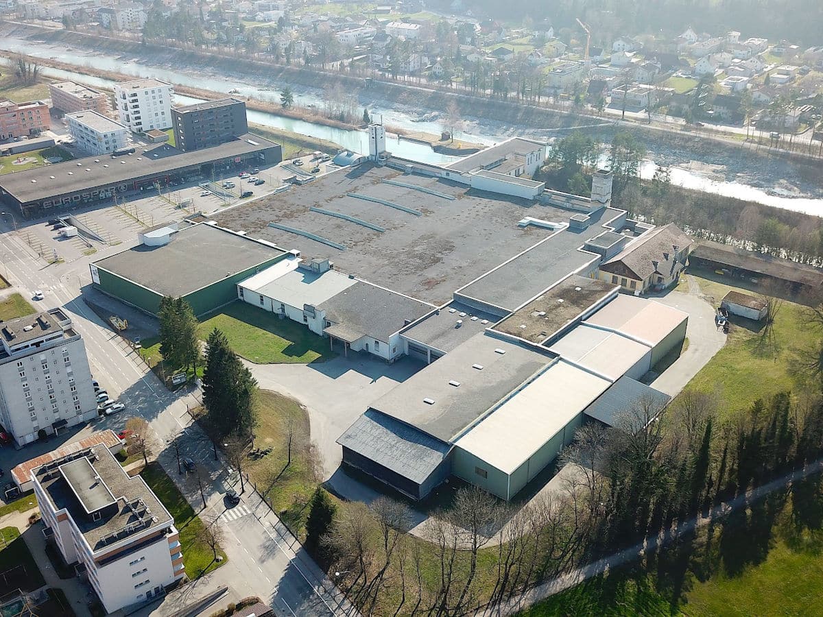 Aerial view of a former spinning mill and GRASS warehouse at Feldkirch in Austria
