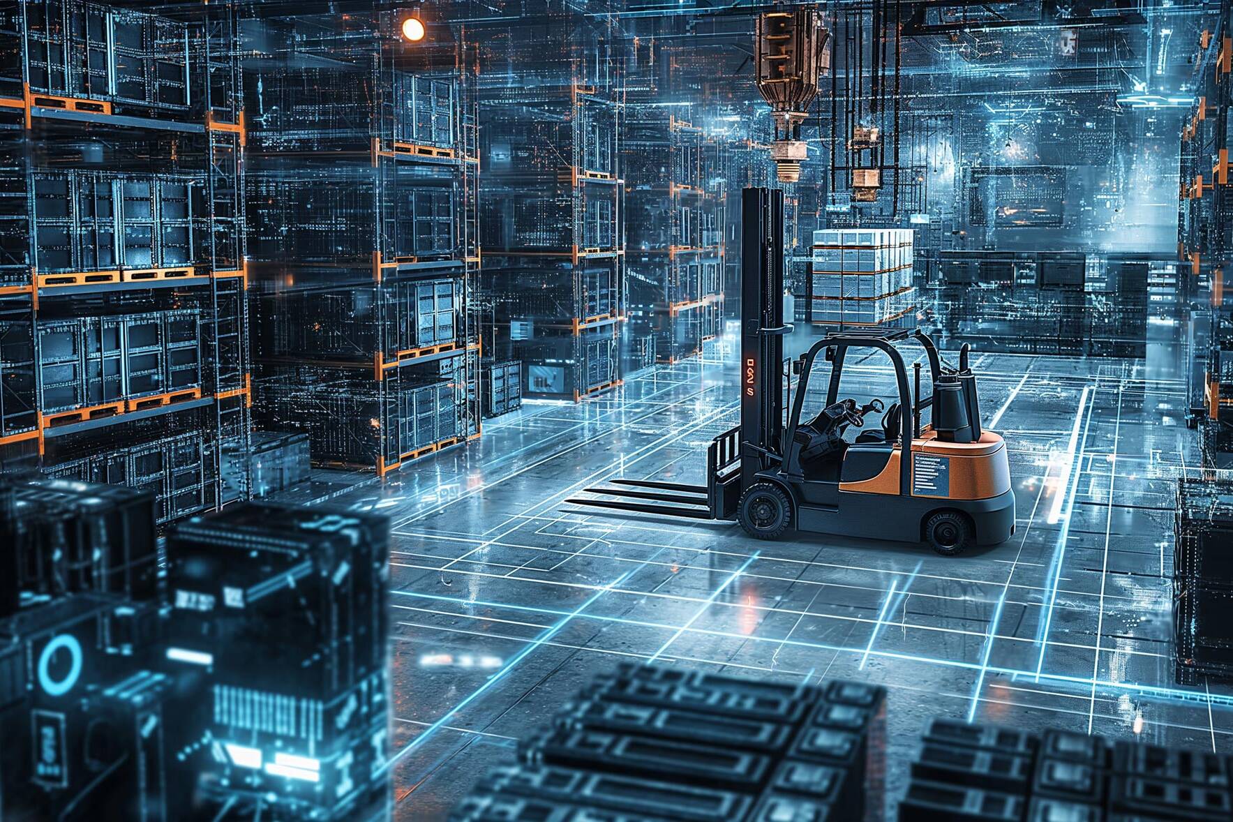 Stapler in einem Palettenlager. Auf die Oberfl&auml;chen sind leuchtende Bahnen projiziert um Vernetzung zu Symbolisieren.