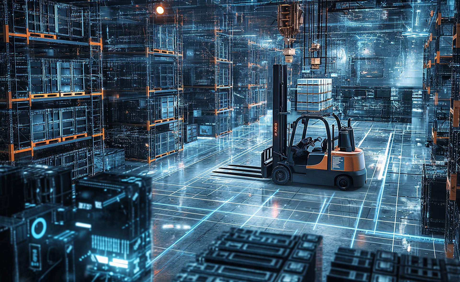 Stapler in einem Palettenlager. Auf die Oberflächen sind leuchtende Bahnen projiziert um Vernetzung zu Symbolisieren.