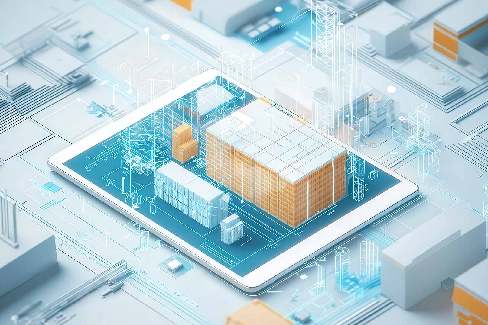 Digitaler Zwilling eines Lagerhauses auf einem Tablet