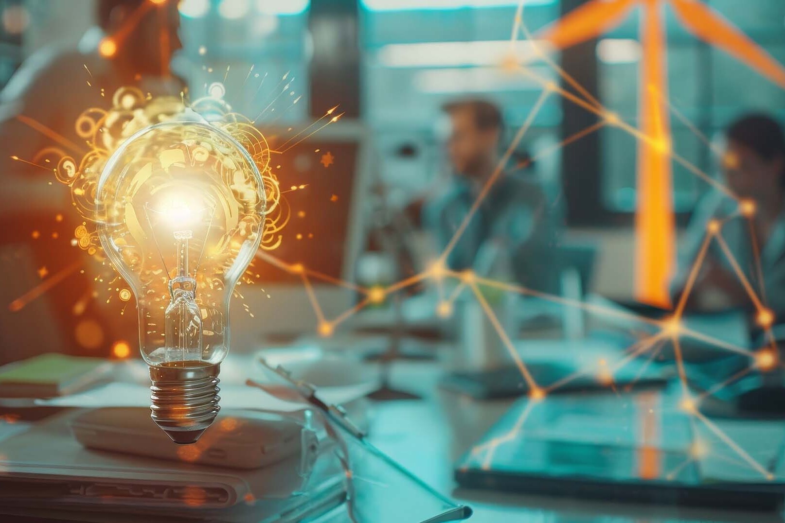 Leuchtende Gl&uuml;hbirne im Vordergrund - Unscharfer Hintergrund eines Planungsb&uuml;ros mit drei Menschen die sich beraten - Software-Migration