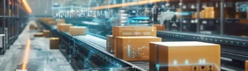 Visualisierung eines Warehousemanagement System in einem Distributionszentrum - Zahlen und Grafiken in blauer Farbe schweben über der Fördertechnik, wie in einem Augmented-Reality-Display