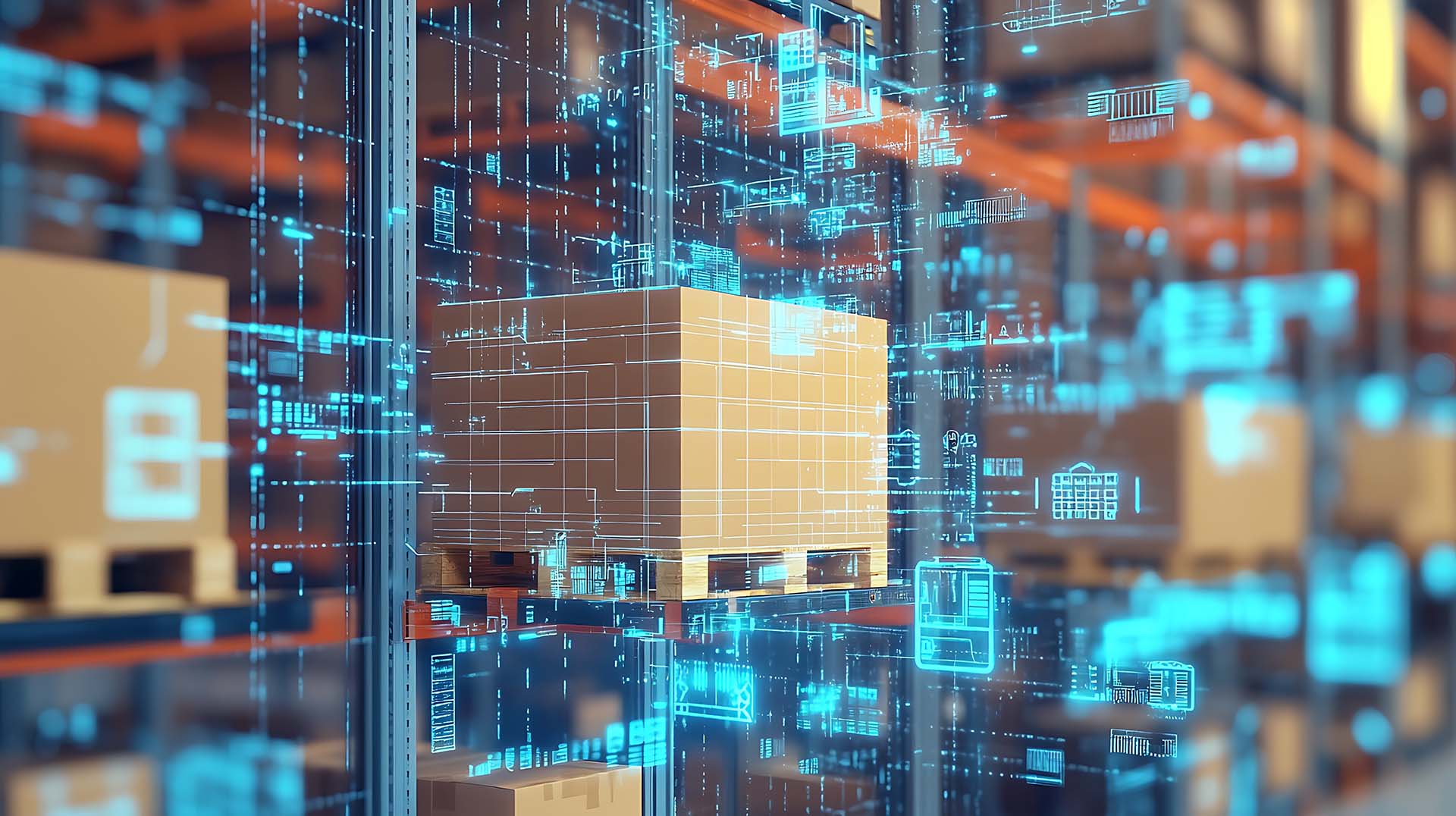 A box in a warehouse high bay storage rack with data displayed around it in an neonblue augemented reality overlay