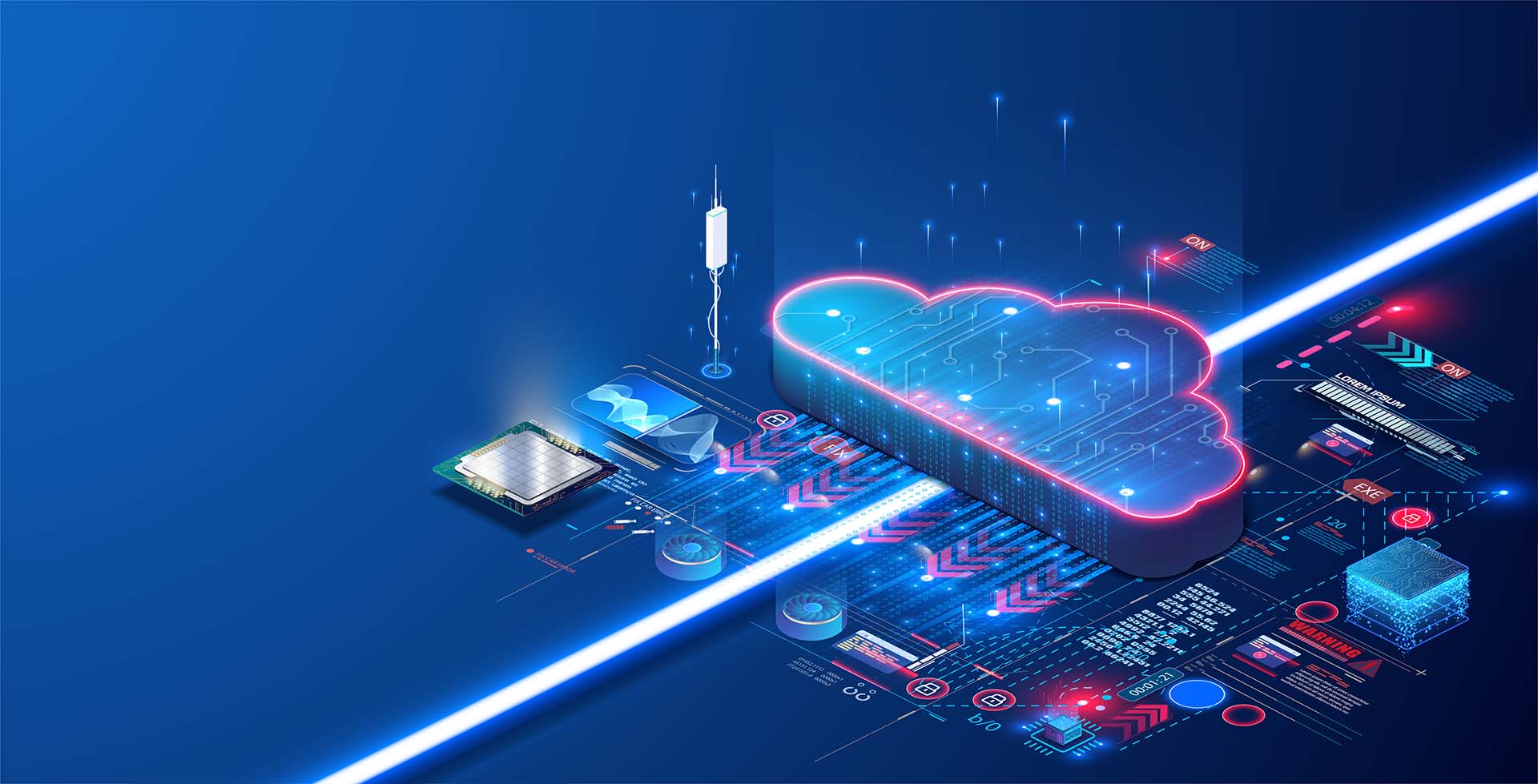 Isometrische 3D-Grafik: leuchtende Cloud-Plattform, Datenströme verbinden Microchips und Server – Symbolbild für cloudbasiertes Warehouse-Management