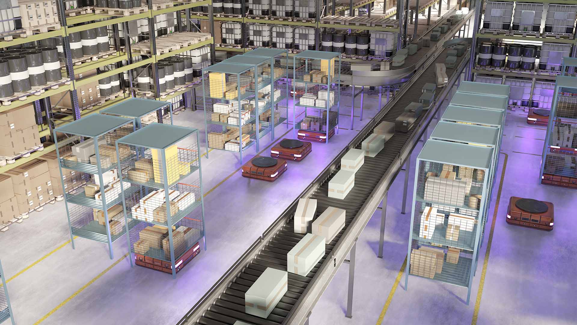 Intralogistics as a Competitive Advantage 1 A bird's-eye view of an automated high-bay warehouse with tall racks filled with pallets, drums, and IBC containers; conveyor belts carrying boxes; and several flat, orange-colored autonomous guided vehicles moving goods beneath the rack grids.