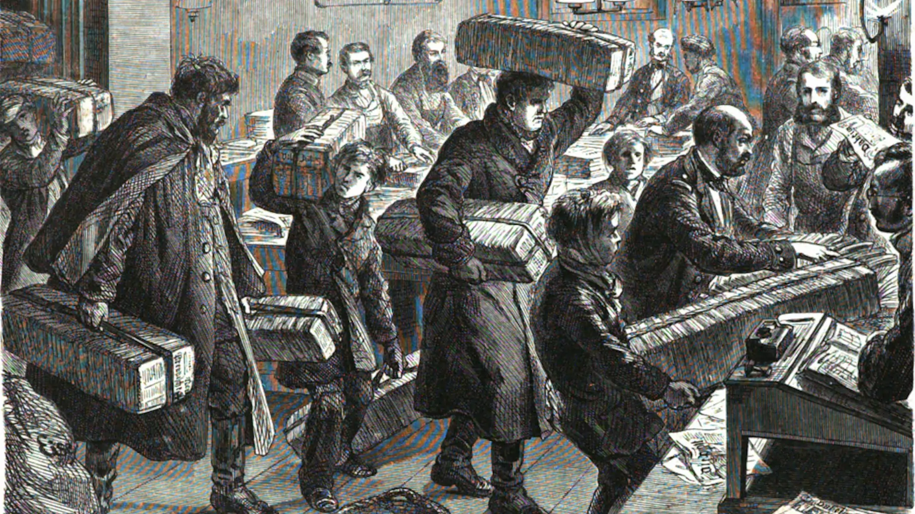 Ludwig Pietsch creator QS:P170,Q896273 (https://commons.wikimedia.org/wiki/File:Nächtlicher_Sturm_und_Drang_im_Hauptzeitungscomptoir_zu_Berlin.png), „Nächtlicher Sturm und Drang im Hauptzeitungscomptoir zu Berlin“, als gemeinfrei gekennzeichnet, Details auf Wikimedia Commons: https://commons.wikimedia.org/wiki/Template:PD-old