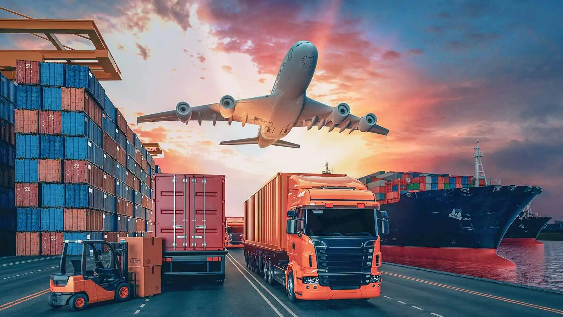 A logistics scene featuring multiple modes of transportation at sunset. A cargo plane flies overhead, while in the foreground, a red shipping truck and forklift handle large containers on a road. To the left, tall stacks of blue and red shipping containers line a dock, and to the right, a large cargo ship loaded with colorful containers rests on the water. The sky is painted with warm hues, highlighting the global nature of freight and logistics.