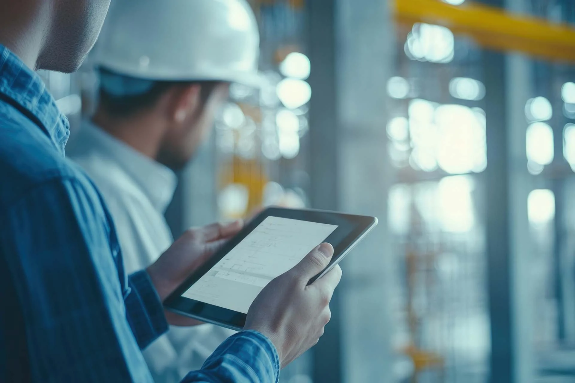 A planner and a CTO in a distribution center are using a digital tablet.