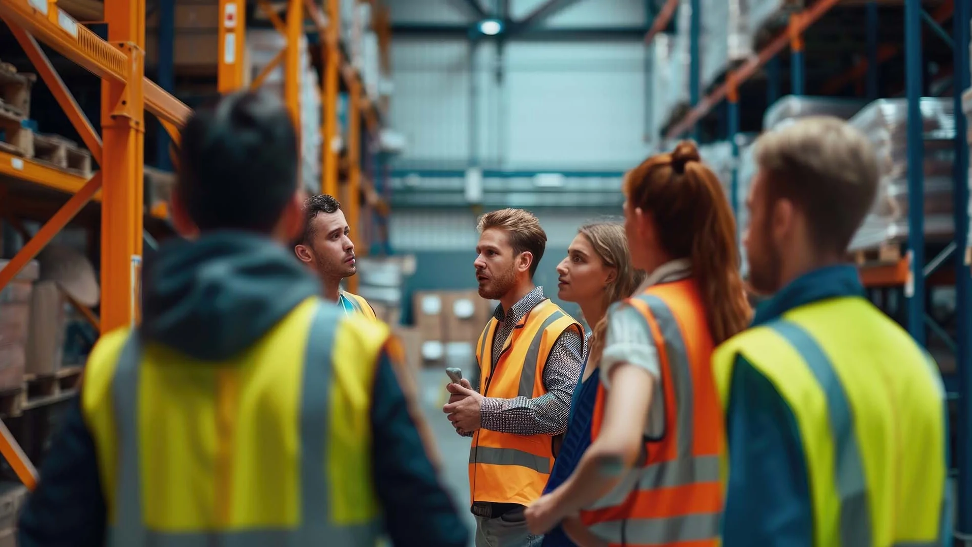Ein Team von Lagerarbeitern in Warnwesten diskutiert in einem großen modernen Logistikzentrum