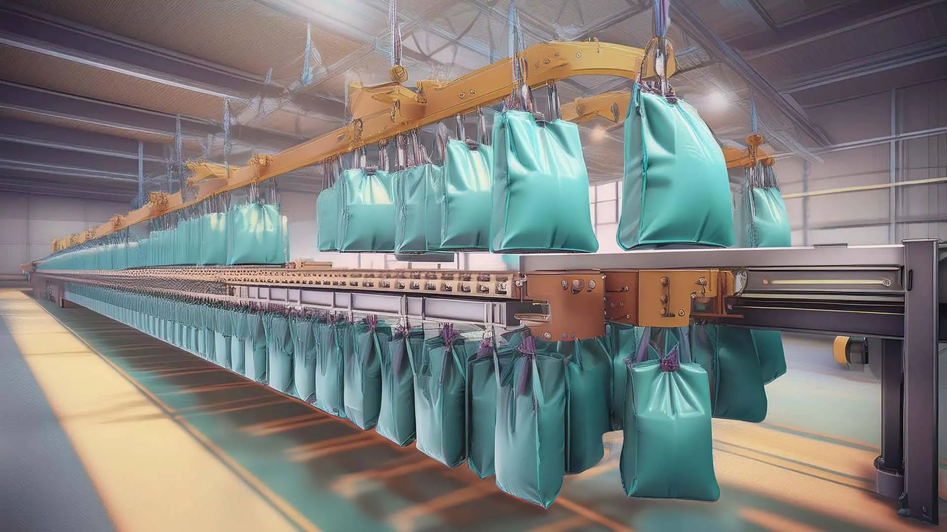 Fördertechnik für Hängeware, mit der Taschen als Transporthilfe für die Waren darin durch ein Warenlager transportiert werden