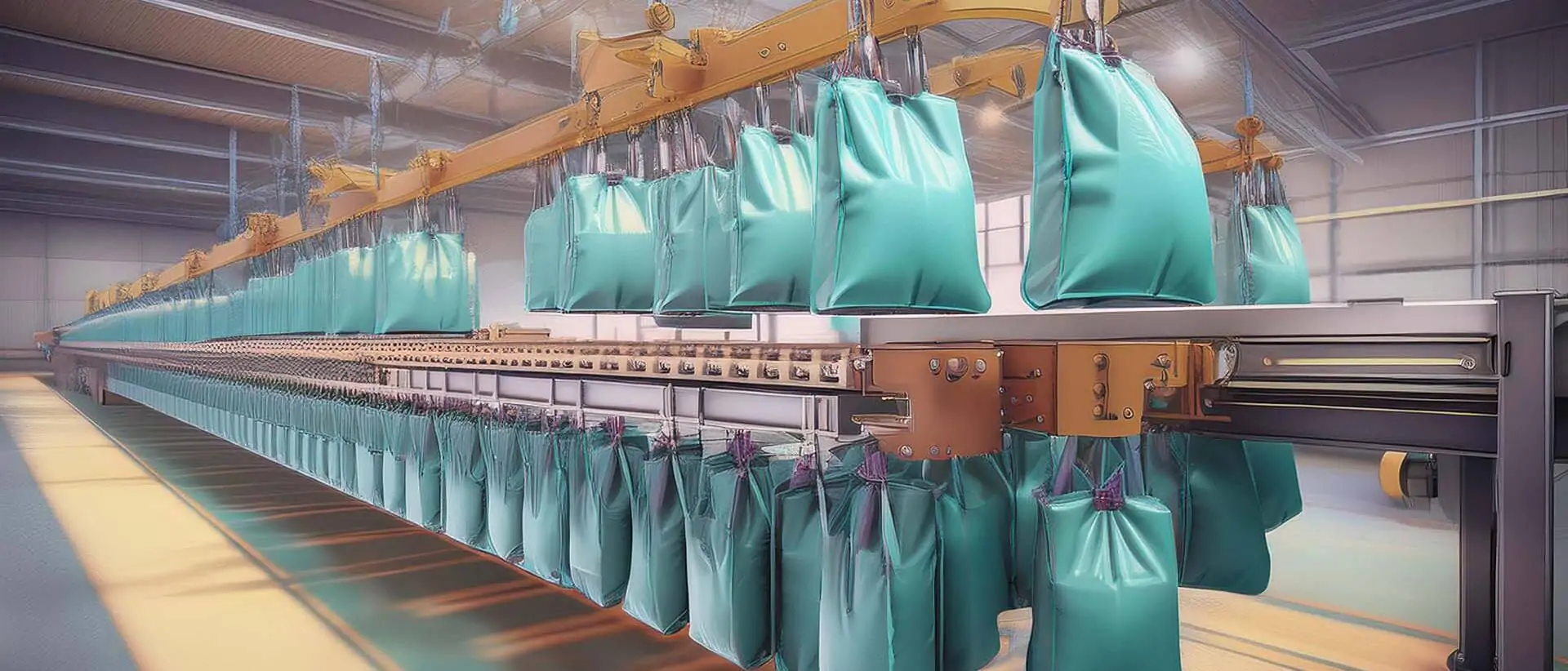Fördertechnik für Hängeware, mit der Taschen als Transporthilfe für die Waren darin durch ein Warenlager transportiert werden