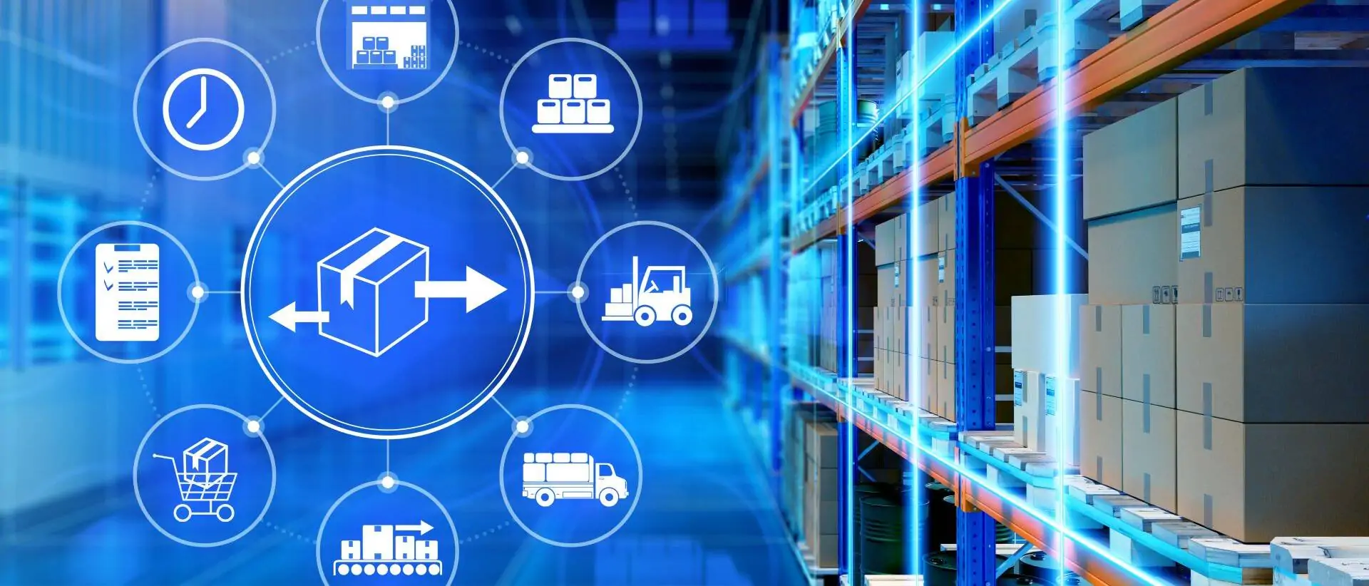 Several icons showing the aspects of fulfillment processes with warehouse shelves in the background
