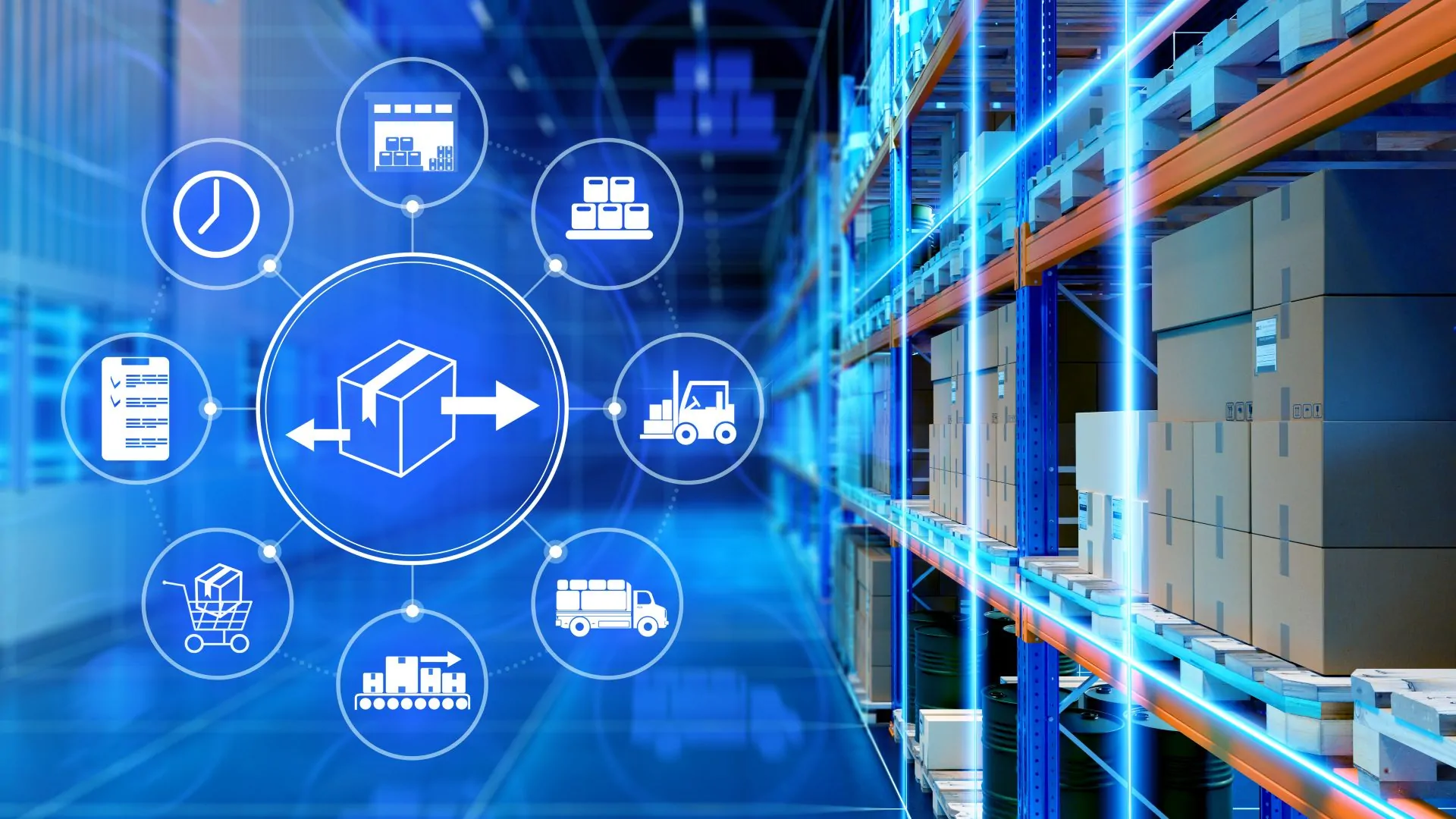 Several icons showing the aspects of fulfillment processes with warehouse shelves in the background