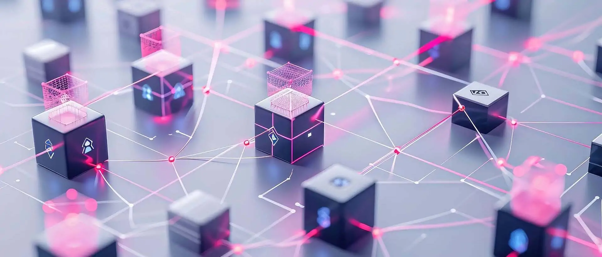 Ein 3D-Modell verschiedener miteinander verbundener Blöcke, die eine Datenbank symbolisieren, KI-generiert