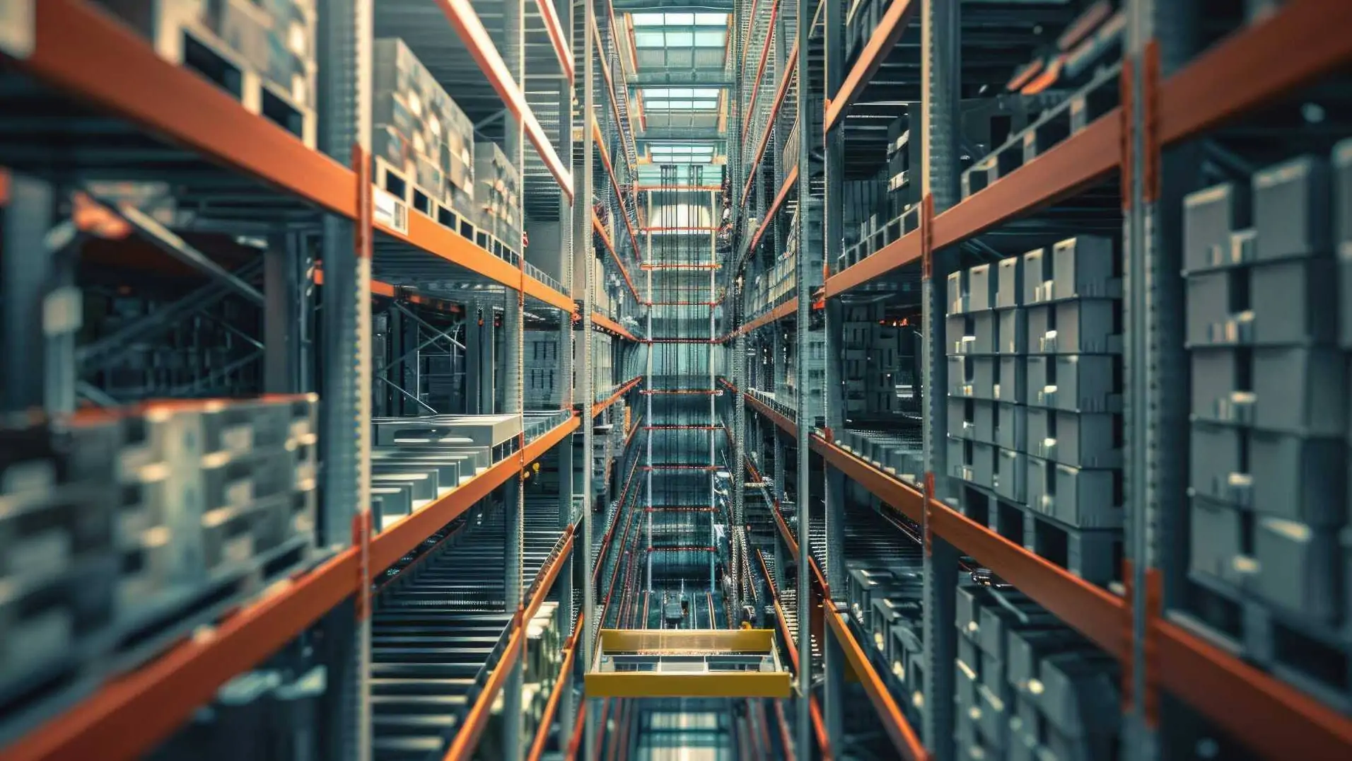 KI-generiertes Bild eines Hochregallagers, Perspektive ist erhöhter Stand zwischen den Regalen