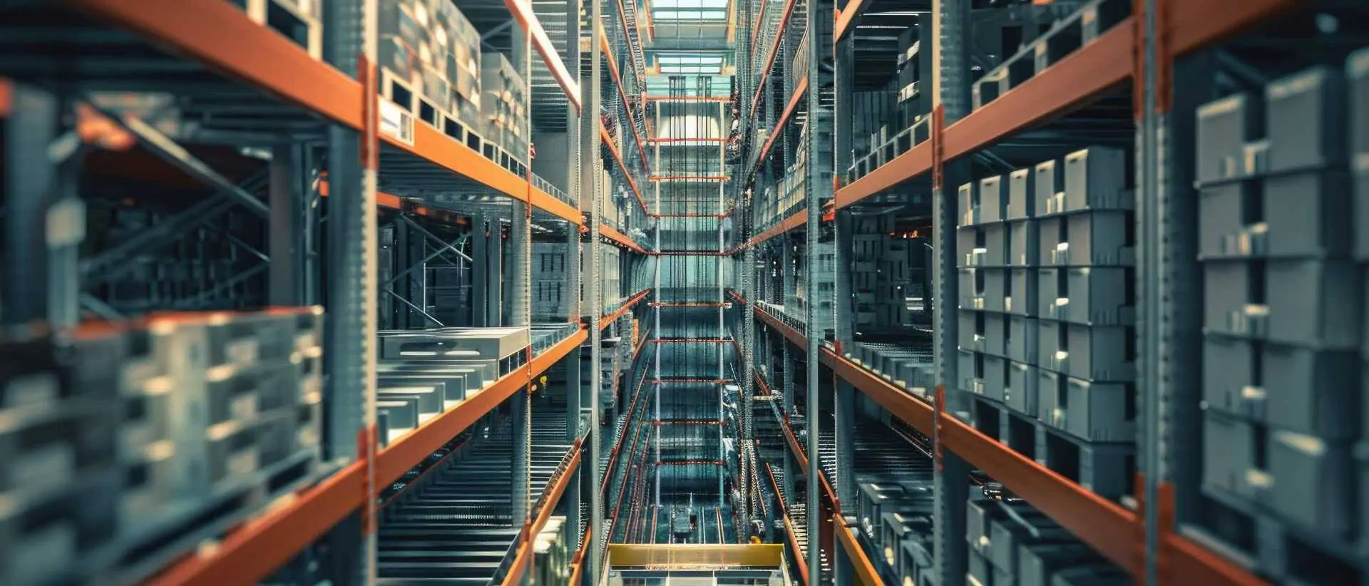 KI-generiertes Bild eines Hochregallagers, Perspektive ist erh&ouml;hter Stand zwischen den Regalen