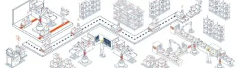Illustration – Intelligente Lagerautomatisierungssysteme mit autonomen Robotern und fahrerlosen Transportsystemen optimieren den Materialtransport durch sensorgestützte Navigation und intelligente Artikelverarbeitung