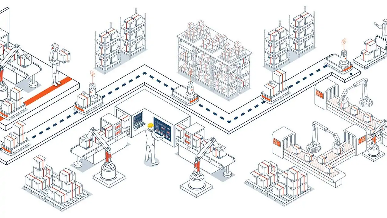 Illustration – Intelligente Lagerautomatisierungssysteme mit autonomen Robotern und fahrerlosen Transportsystemen optimieren den Materialtransport durch sensorgestützte Navigation und intelligente Artikelverarbeitung