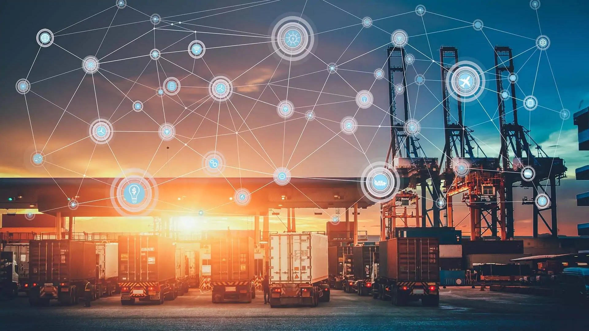 Weltkarte mit globaler Netzabdeckung, LKW mit Industriecontainer-Fracht für Logistik-Import/Export auf dem Hof