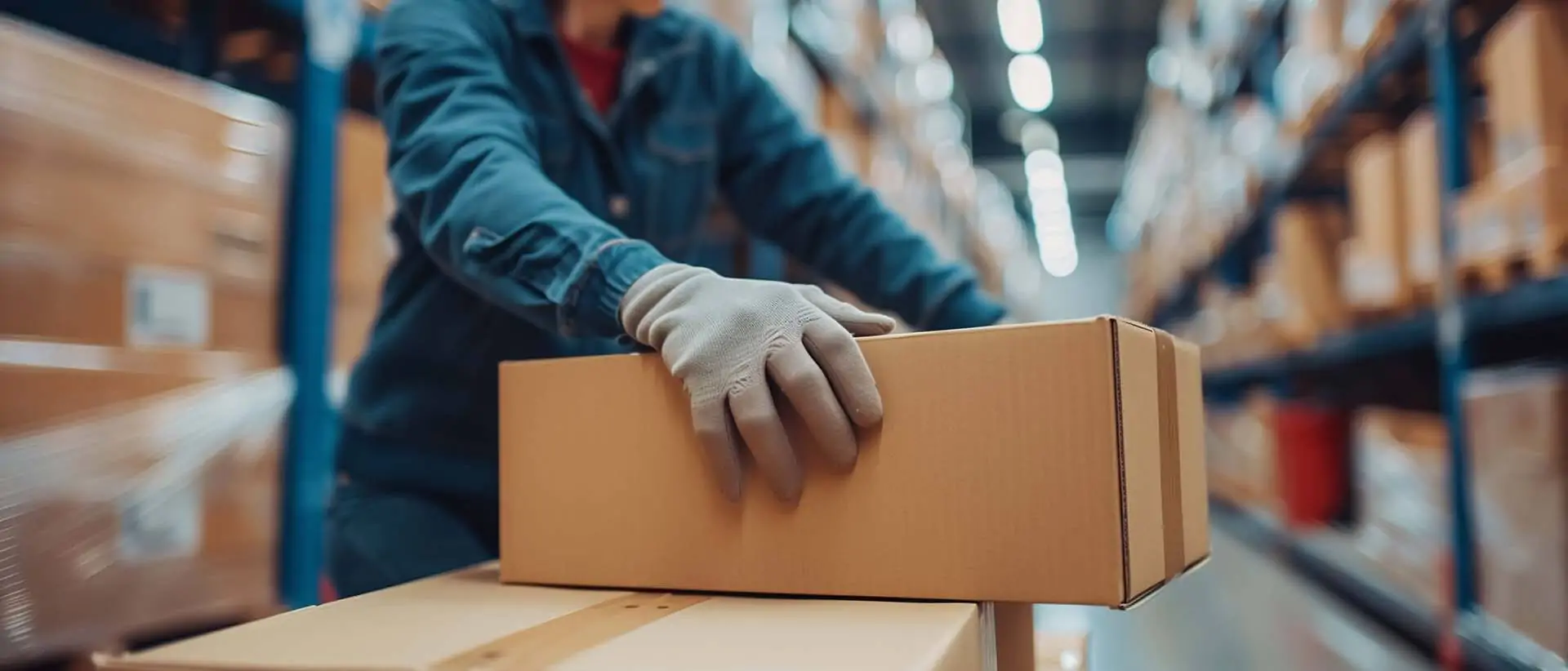 Mitarbeiter in blauer Arbeitskleidung und rotem Sicherheithelm in einer Gasse eines Hochregallagers in einem Distributionszentrum, der Kartons auf einen Wagen lädt.