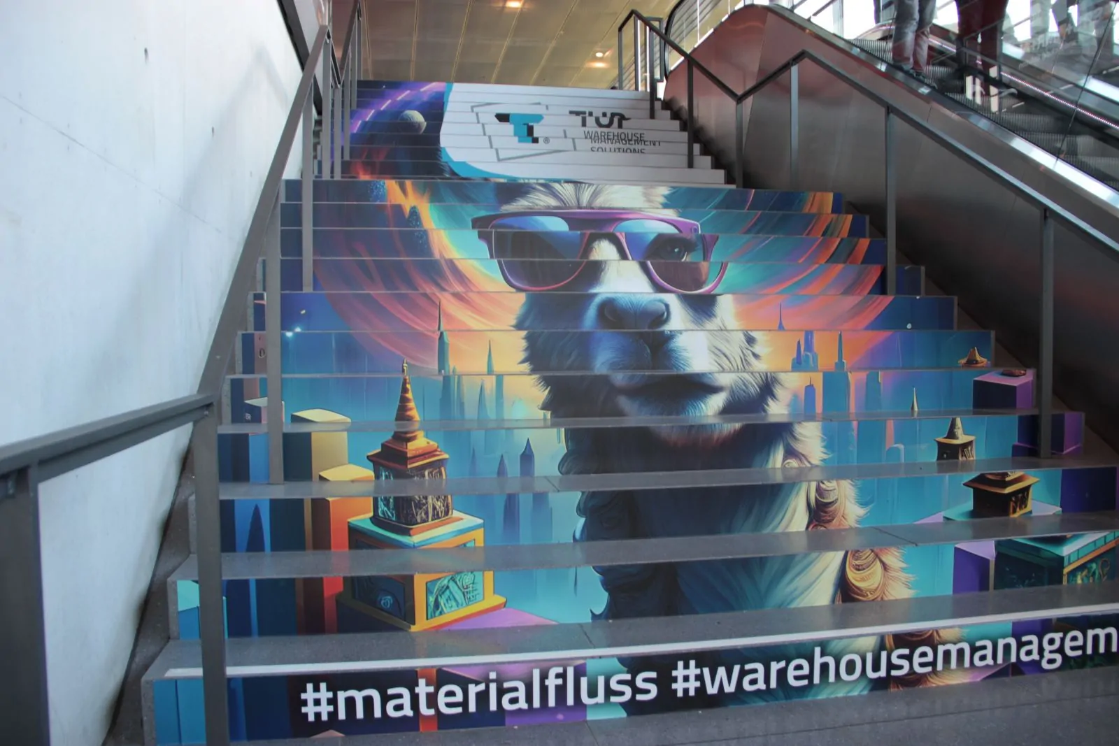 Treppenwerbung der Firma TUP Warehouse Management Solutions auf der LogiMAT 2024 zu den Themen Lagerverwaltung und Materialflusssteuerung.