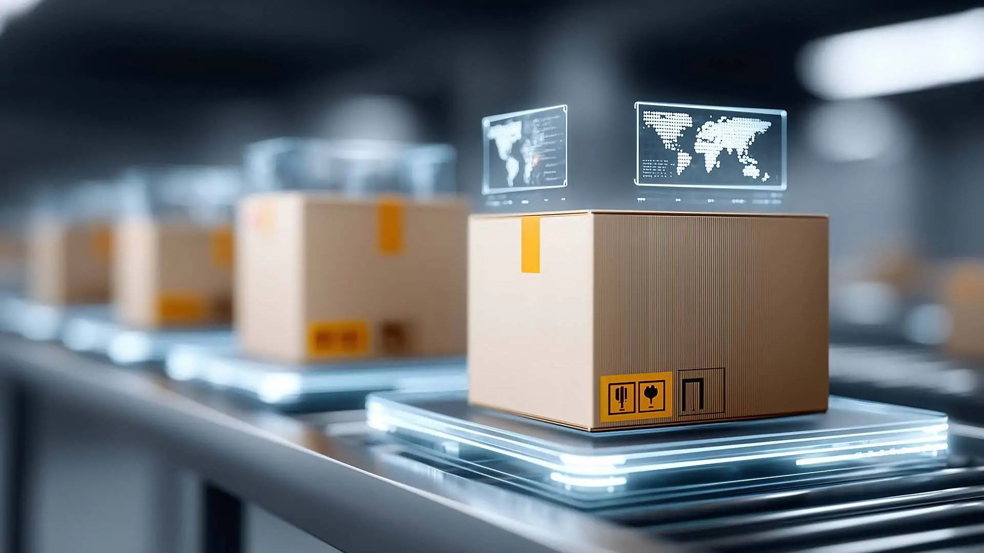 Cardboard boxes moving on a conveyor belt, visualized with high-tech global tracking interfaces.