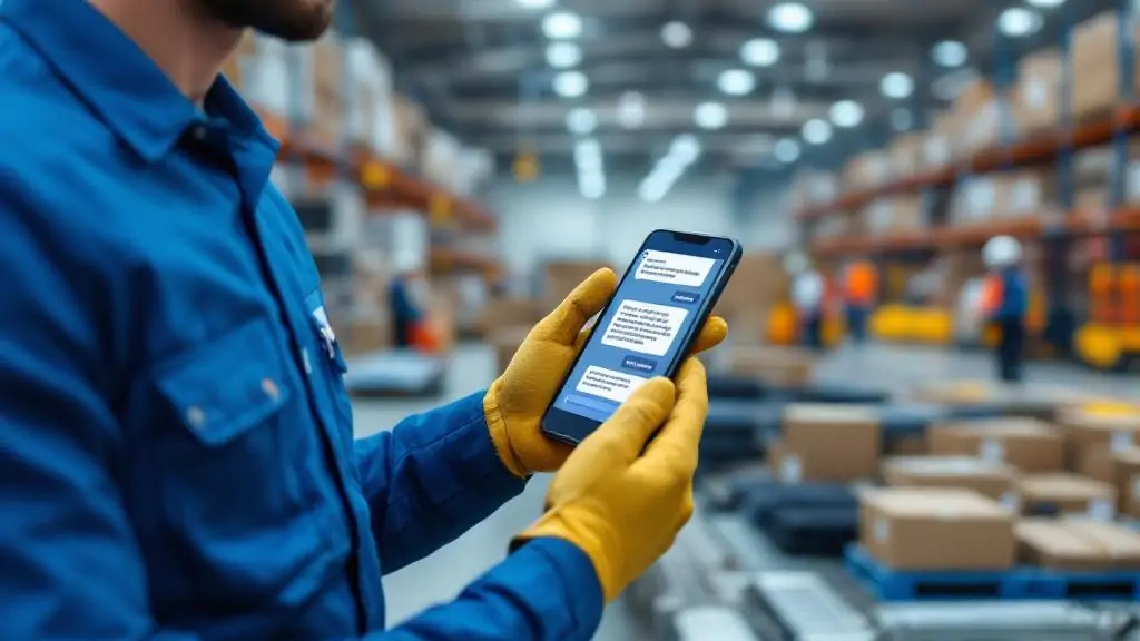 KI-generiertes Bild eine Lagermitarbeitenden, der mit einem Chatbot interagiert, um an einer Packstation Informationen zur Arbeitsschritten abzurufen.