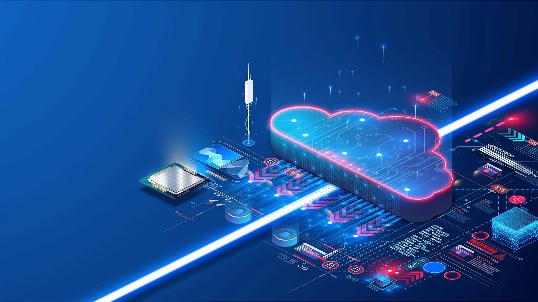 Isometrische 3D-Grafik: leuchtende Cloud-Plattform, Datenströme verbinden Microchips und Server – Symbolbild für cloudbasiertes Warehouse-Management