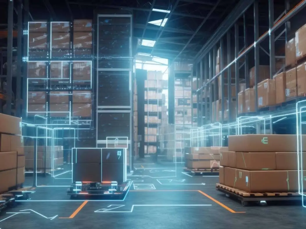 Blick in eine Gasse in einem Warenlanger mit Augemented Reality Overlay, das die Pfade für selbstfahrende Roboter und freue Position im Hochregallager anzeigt.