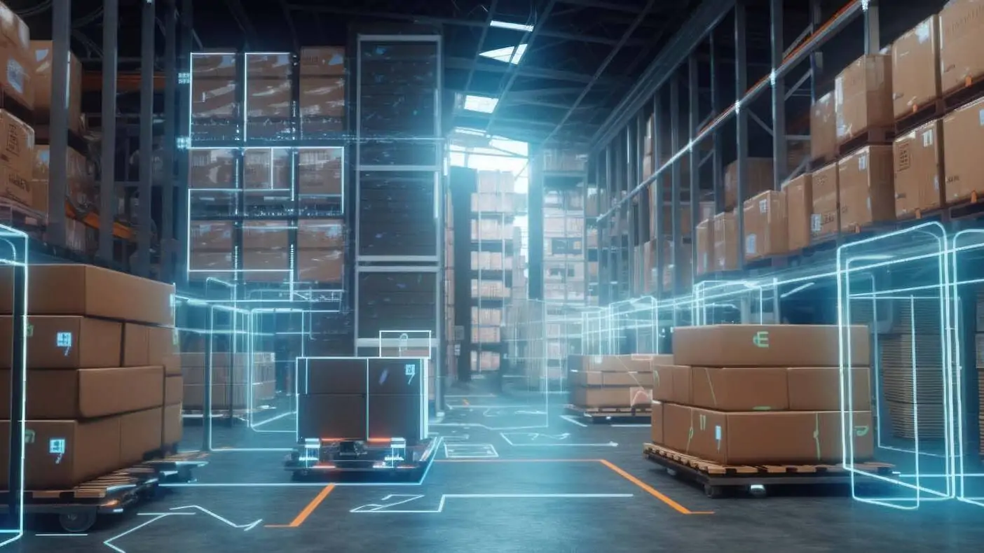 Blick in eine Gasse in einem Warenlanger mit Augemented Reality Overlay, das die Pfade für selbstfahrende Roboter und freue Position im Hochregallager anzeigt.