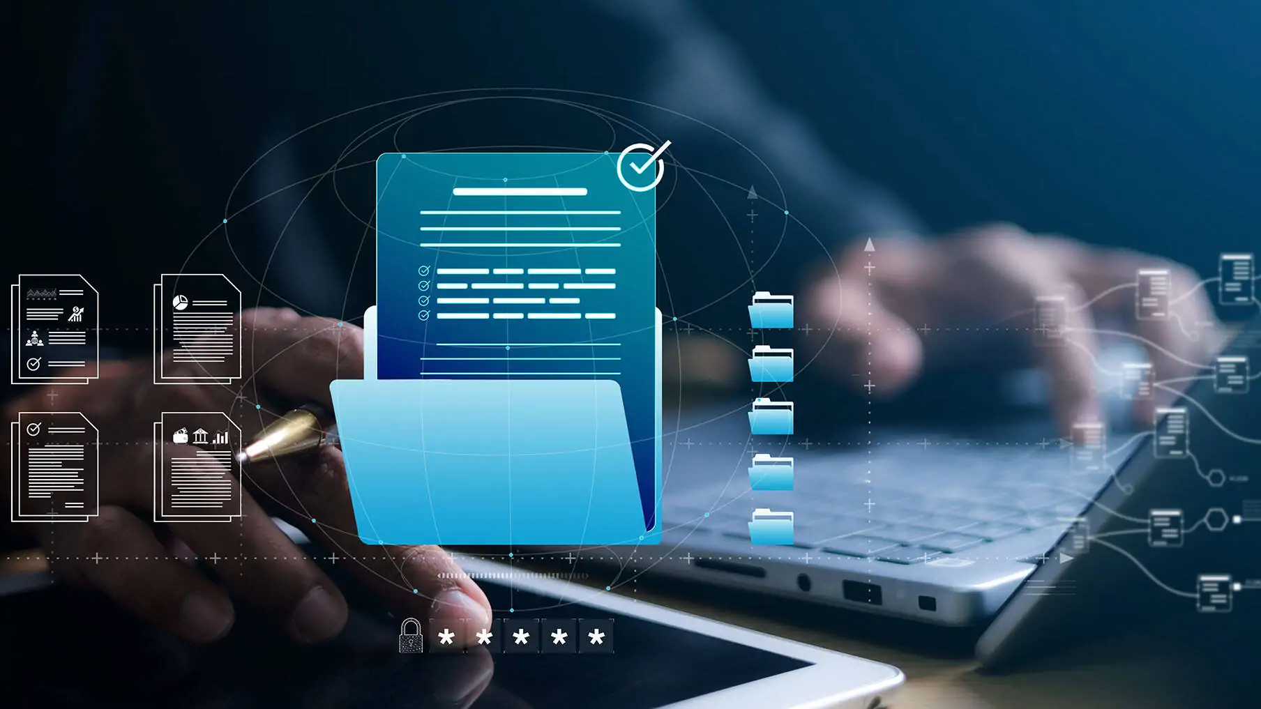 KI Workflow im Vordergrund in dem Ordner und Dokumentensymbole mit Pfeilen verknüpft sind. Im Hintergrund ein Laptop und ein Nutzer in der Nahaufnahme, so dass nur die Hände zu sehen sind.