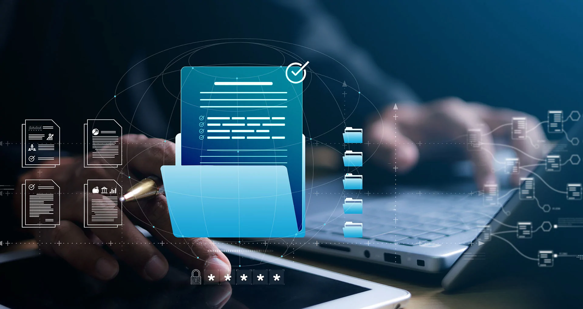 KI Workflow im Vordergrund in dem Ordner und Dokumentensymbole mit Pfeilen verknüpft sind. Im Hintergrund ein Laptop und ein Nutzer in der Nahaufnahme, so dass nur die Hände zu sehen sind.