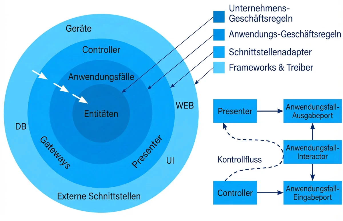 Aufbau des Clean-Architecture-Modells: Die &auml;u&szlig;ere Schicht des Kreises sind Frameworks und Treiber, die darunter Schnittstellenadapter, die folgende Anwedungs-Gesch&auml;ftsregeln. Im Kern sind Entit&auml;ten. Wei&szlig;e Pfeile zwischen den Schichten symbolisieren die Abh&auml;ngigkeiten, die nur nach innen verweisen d&uuml;rfen.