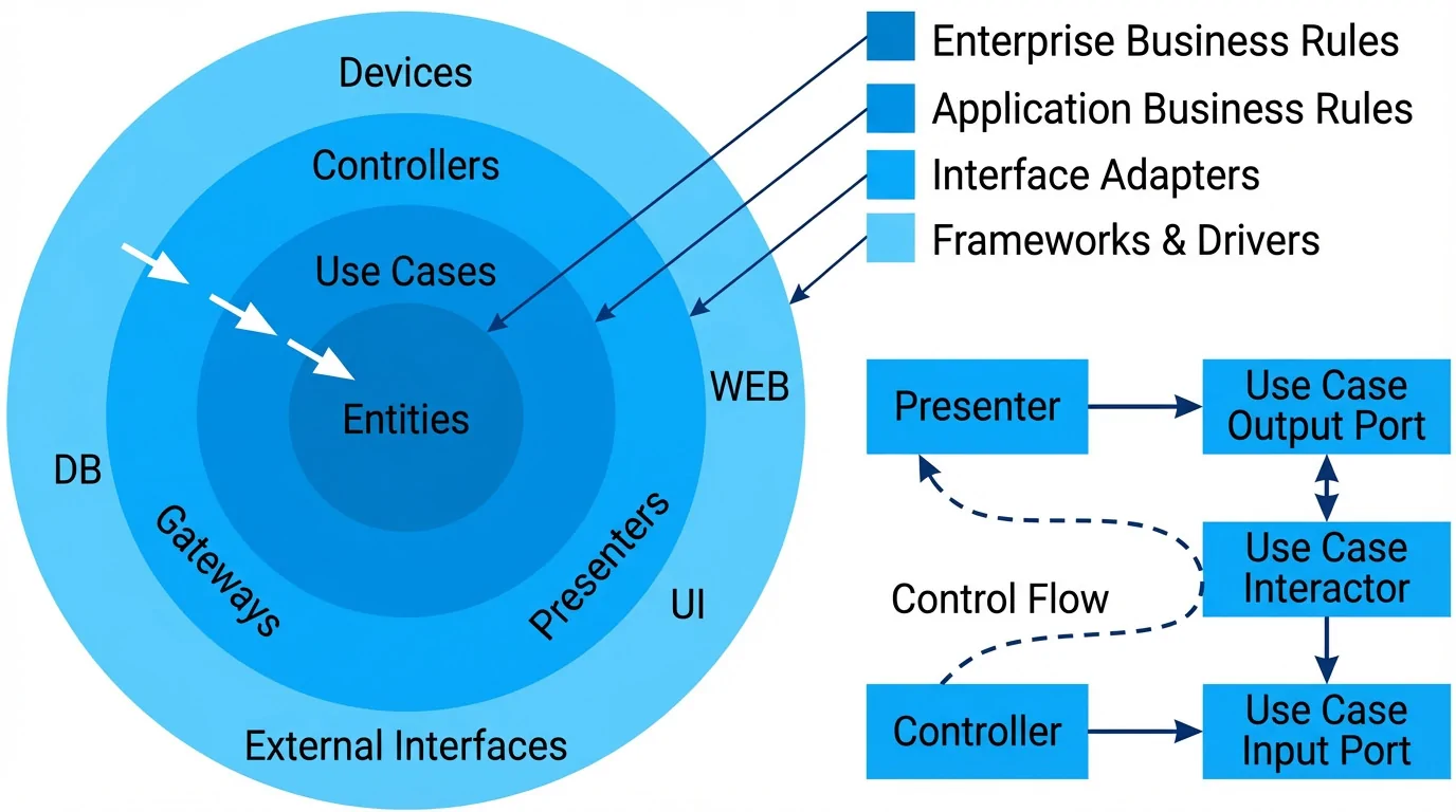 Aufbau des Clean-Architecture-Modells: Die &auml;u&szlig;ere Schicht des Kreises sind Frameworks und Treiber, die darunter Schnittstellenadapter, die folgende Anwedungs-Gesch&auml;ftsregeln. Im Kern sind Entit&auml;ten. Wei&szlig;e Pfeile zwischen den Schichten symbolisieren die Abh&auml;ngigkeiten, die nur nach innen verweisen d&uuml;rfen.