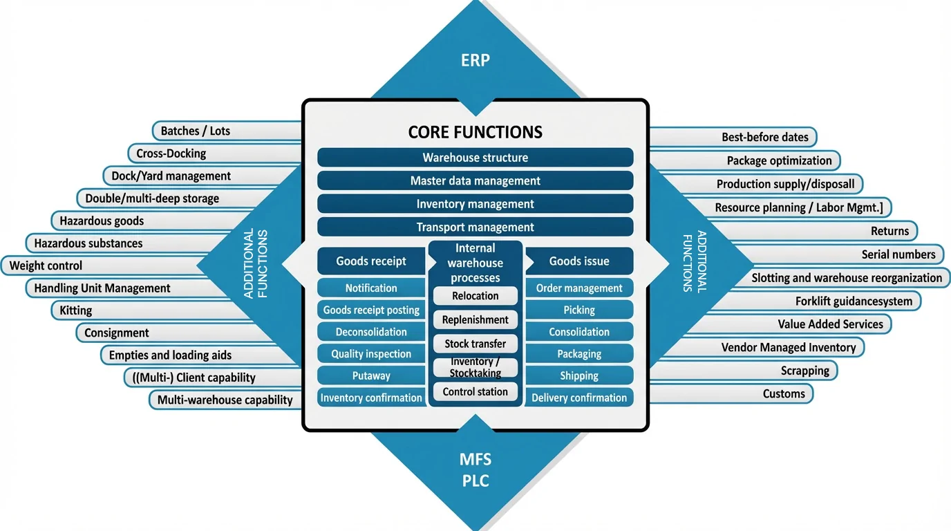 Infographic from Fraunhofer IML providing an overview of the functions and interfaces of a WMS.