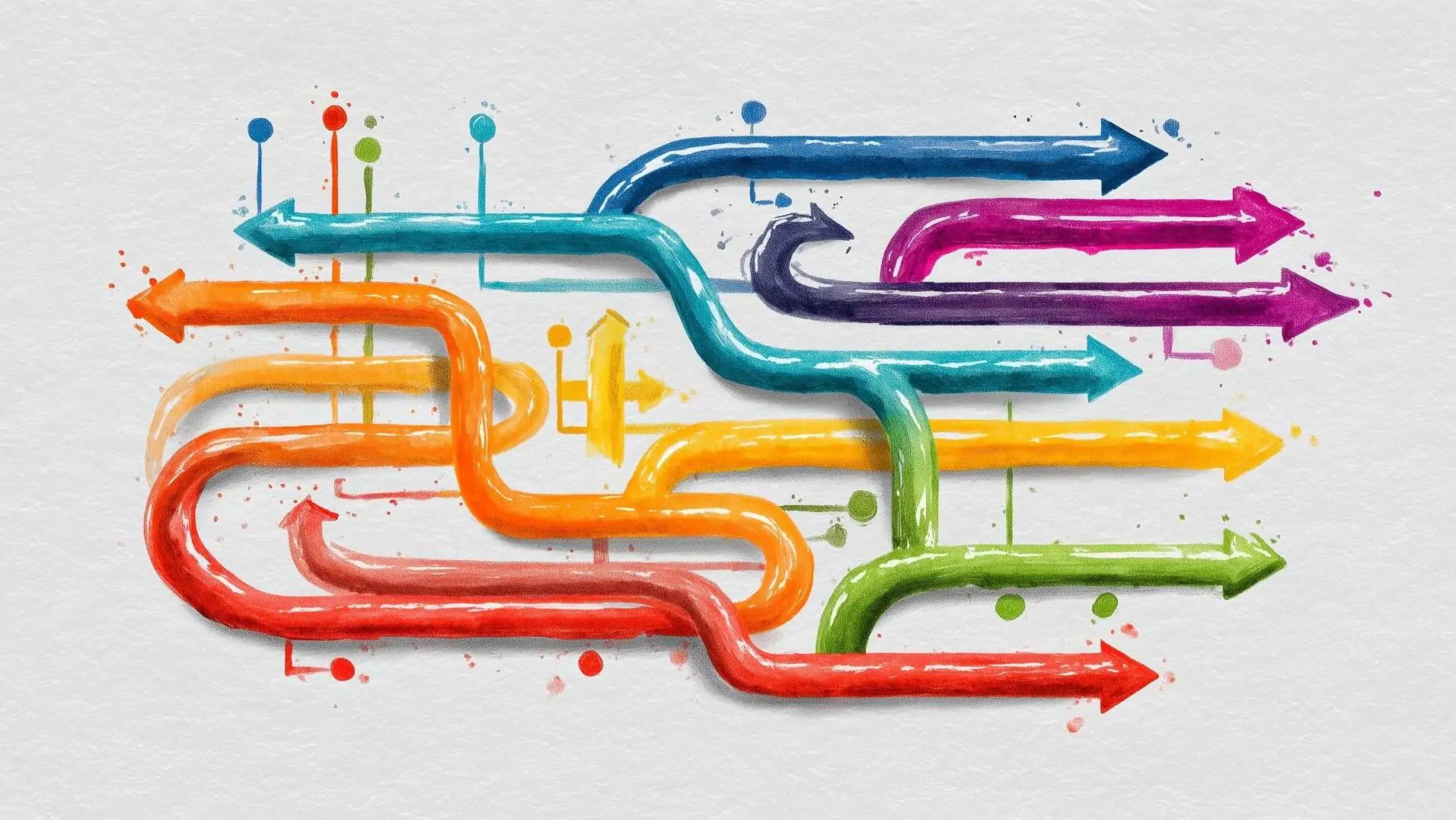Geschwungene und gebogene Pfeile in unterschiedlichen Farben die in unterschiedliche Richtungen zeigen