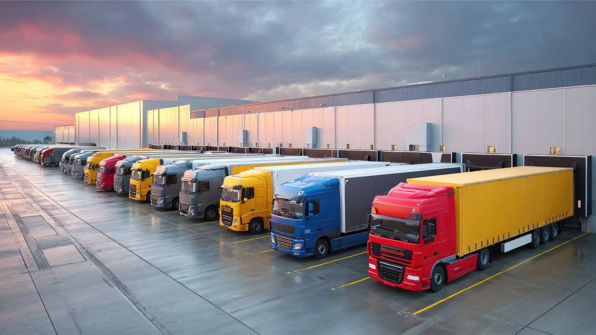 Intralogistics and Yard Management 80 Bunte LKWs an Laderampen