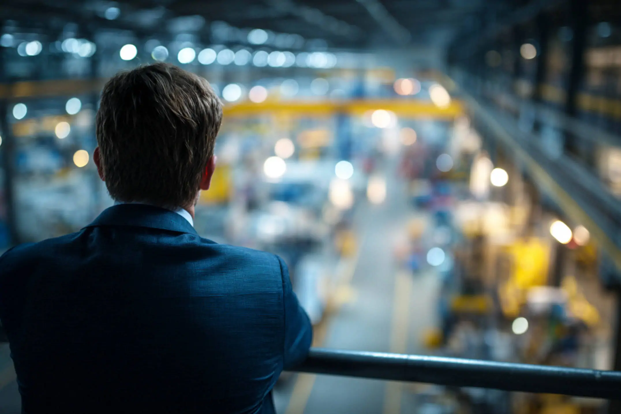 Corporate Manager Overlooking Industrial Factory Floor from Balcony, Strategic Assessment