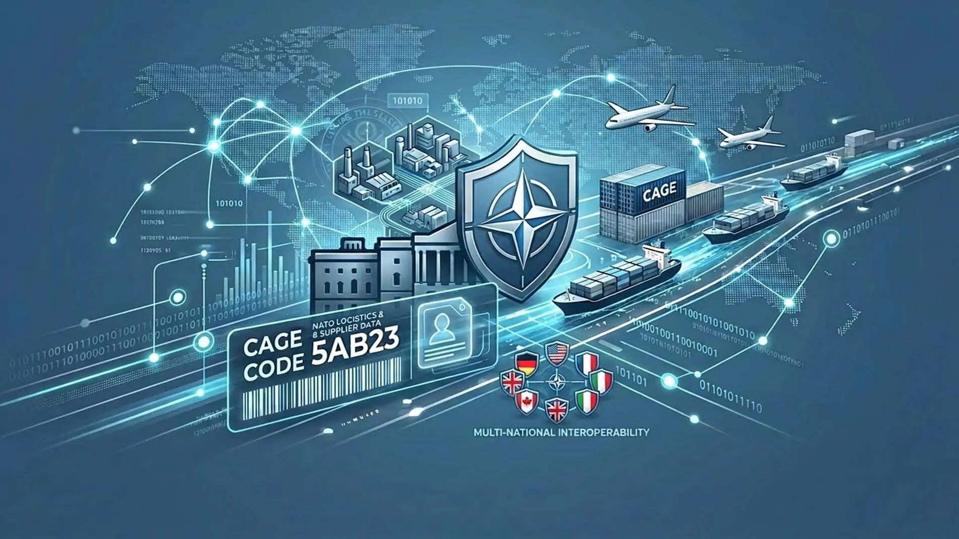 Digitale Illustration zum Thema CAGE-Code im NATO-Logistikumfeld: Im Vordergrund ist eine stilisierte Identifikationskarte mit der Aufschrift „CAGE Code 5AB23 – NATO Logistics & Supplier Data