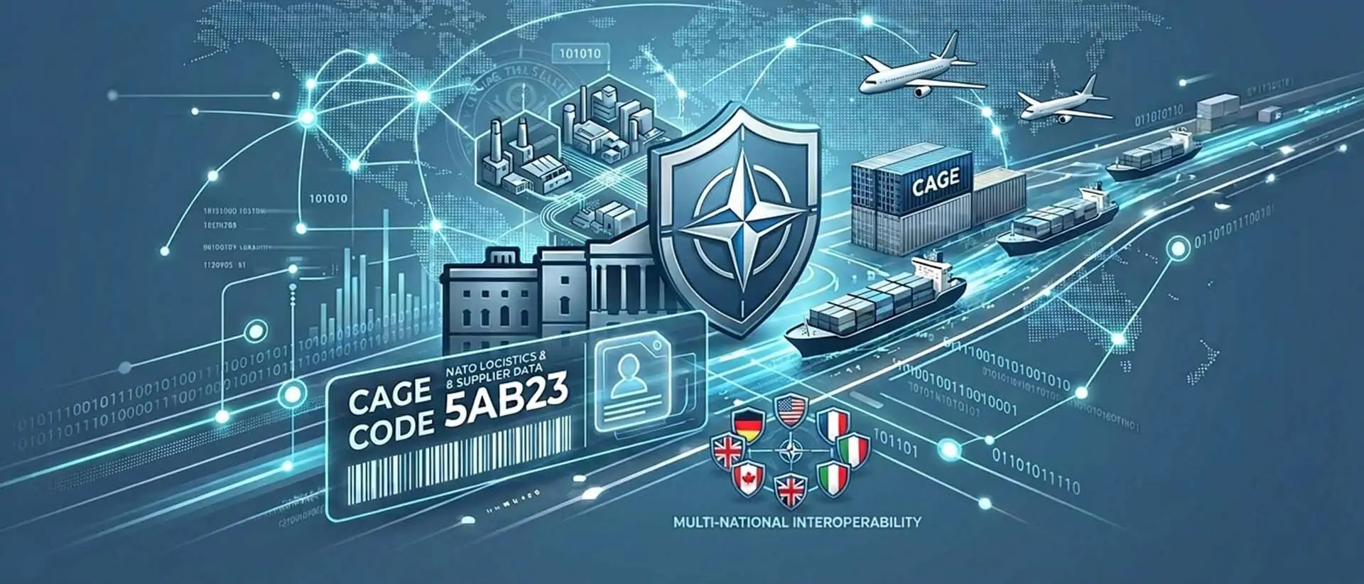 Digital illustration on the topic of CAGE codes in the NATO logistics context: In the foreground is a stylized identification card bearing the inscription &ldquo;CAGE Code 5AB23 &ndash; NATO Logistics & Supplier Data&rdquo; and a barcode. Behind it is the NATO coat of arms featuring the distinctive compass star. The background depicts a networked world map with data points, a cargo ship with containers (labeled &ldquo;CAGE&rdquo;), a commercial aircraft, and an industrial facility. In the lower right corner, several national flags (USA, Germany, Canada, United Kingdom, Italy) are grouped as shield symbols, with the text &ldquo;Multi-National Interoperability&rdquo; below them. The overall composition represents international supplier and logistics networks within the NATO context.