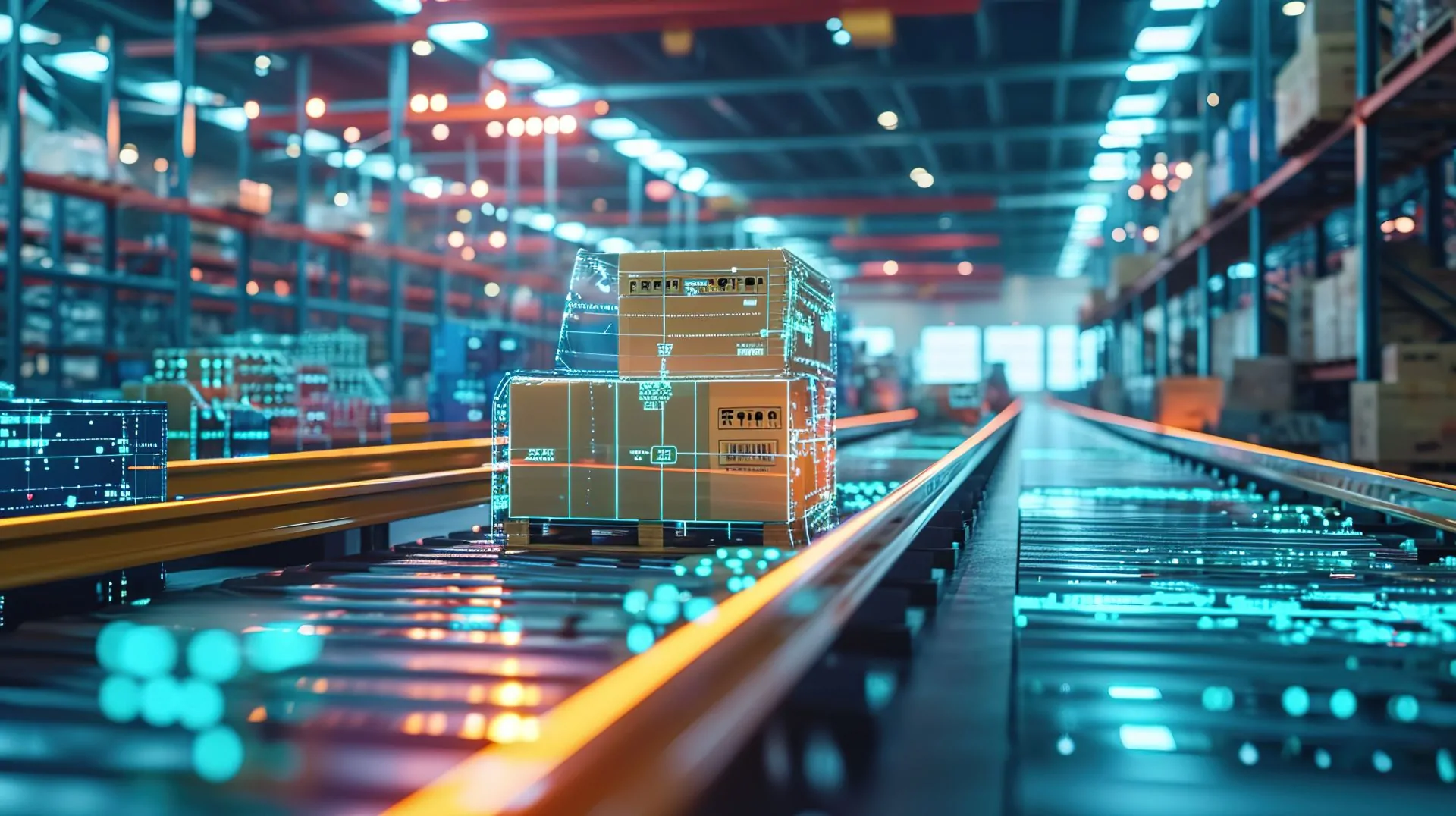 Wie Künstliche Intelligenz Big Data in der Logistik revolutioniert – und was noch kommt 3 Pakete auf Rollenbahn in Lager mit digitalen Datenlinien visualisiert symbolisiert Big Data im Lager