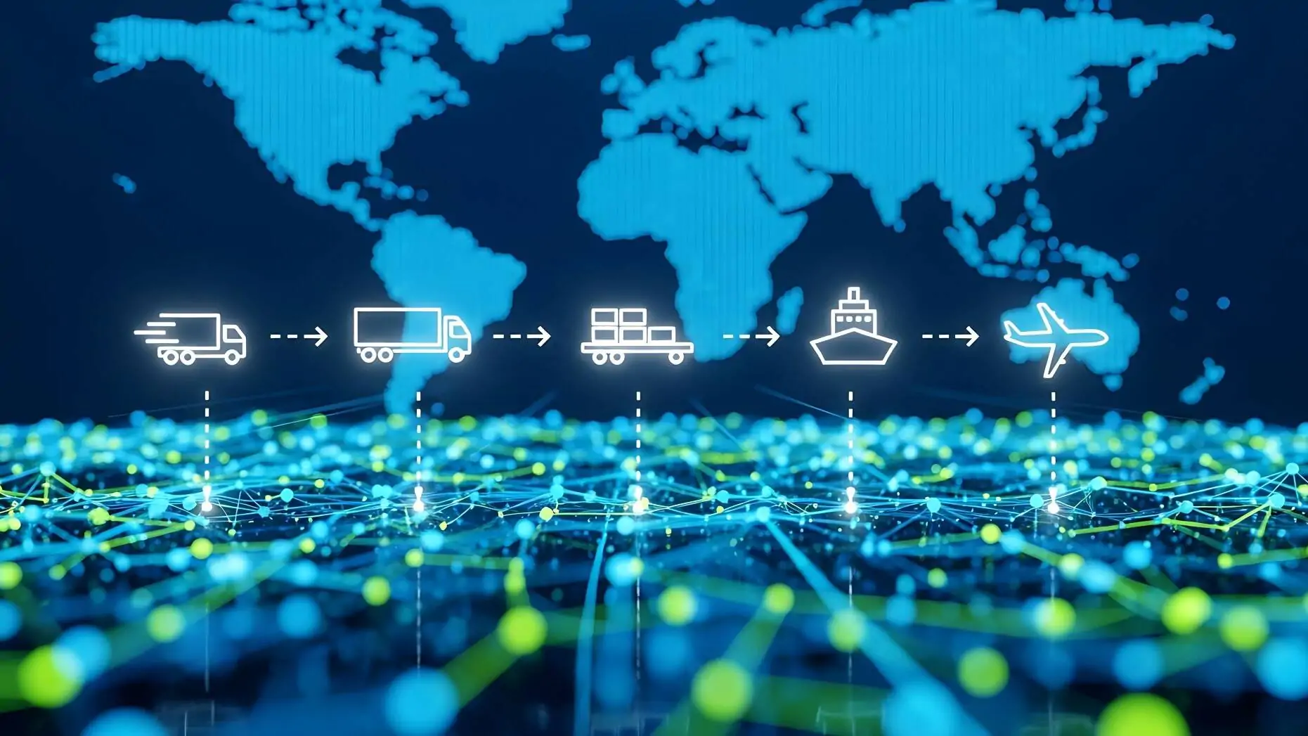 Big Data symbolisiert durch Weltkarte und Icons von Transportmitteln