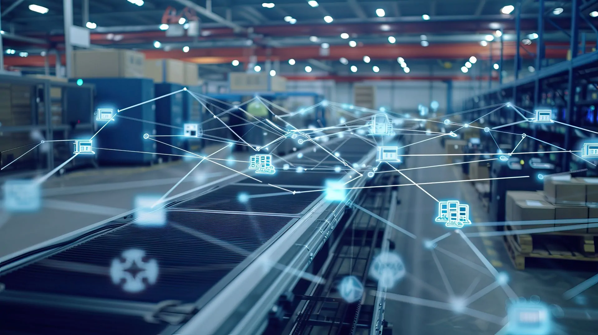 Cybersecurity symbolized by conveyor belt in warehouse with overlayed icons that show the connectivity