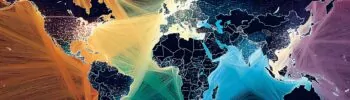 Weltkarte zeigt mit bunten Linien globale Handelsrouten und symbolisiert Resilienz