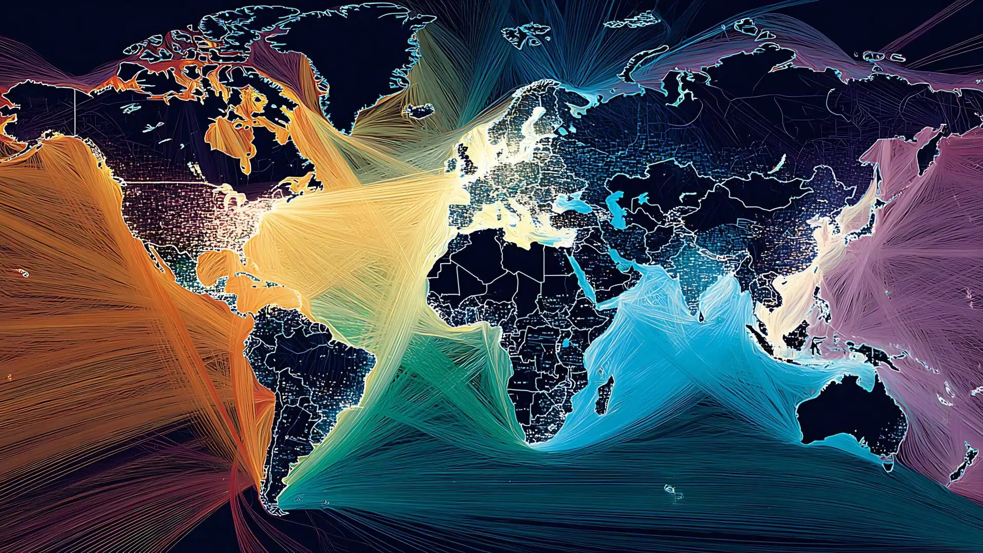 Intralogistics in the Context of Geopolitical Uncertainty: Resilience as the Key to Stable Supply Chains 64 Weltkarte zeigt mit bunten Linien globale Handelsrouten und symbolisiert Resilienz